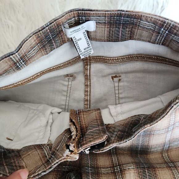 Y2K FOREVER 21 Plaid High Rise Flare Jeans 26 Stretch Raw Hem‎ Boho Hippie Pants - Picture 8 of 16